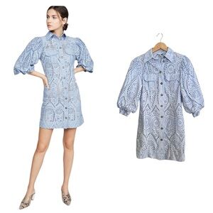 Ganni Blue Eyelet Balloon-Sleeve Broderie Anglaise Mini Shirt Dress AS-IS 34